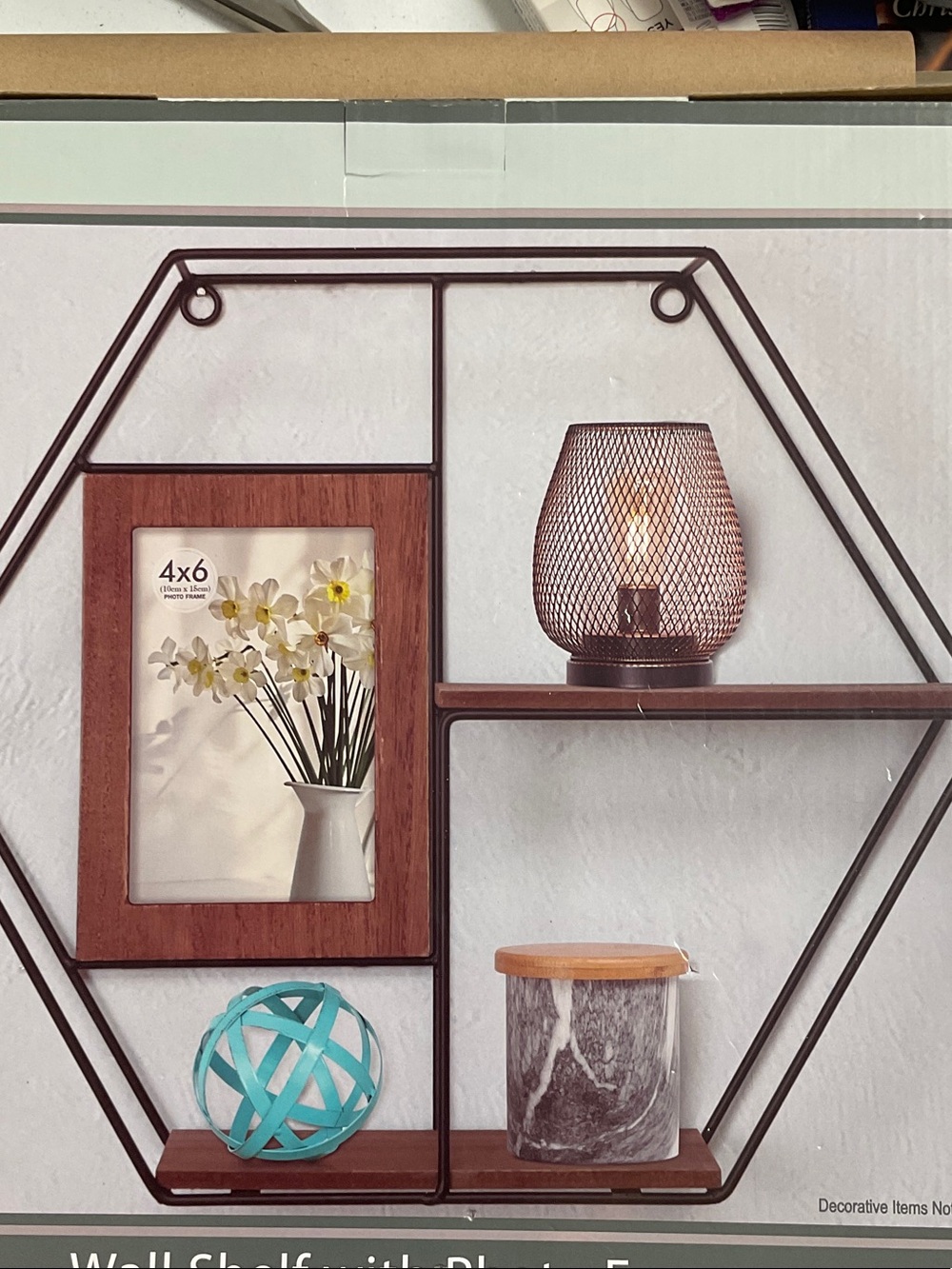 Hexagon Wall Display Shelf with Brown Wood Panels and Black Frame